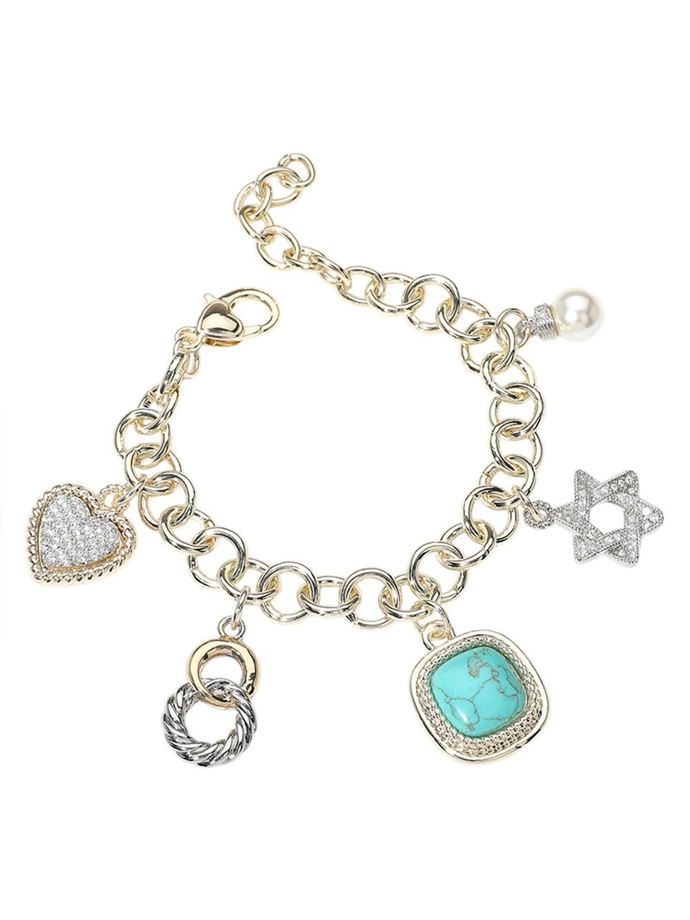 14k Gold Plated CZ Stone Paved Heart Star of David Gold Color Bracelet